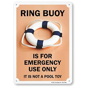 Imagem de SmartSign Placa de metal "Ring Buoy for Emergency Use Only, Not A Pool Toy" de 35,5 x 25,4 cm, impressa em tela, alumínio laminado à prova de ferrugem de 40 mm, marrom, preto e branco