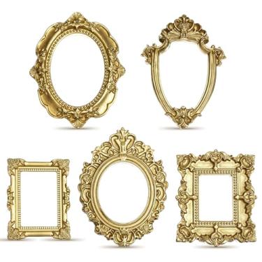 Imagem de Ouligay 10 porta-retratos dourados, vintage, pequenos, antigos, de resina, retangulares, ovais, para pendurar na parede, para decoração de joias, festas de Natal, hotel, decoração