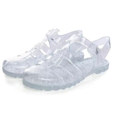 Imagem de LUXINYU Sandálias femininas Jelly com fivela ajustável, tira em T, bico redondo, slingback cintilante, sandália de pescador de verão, sapatos de chuva com glitter, 2993-prata, 36