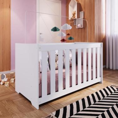 Imagem de Berço Infantil Simples 133cm Com Colchão, Regulagem De Altura E Grade Mdf Branco