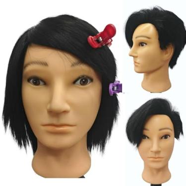 Imagem de Cabeça de manequim cabelo humano para pentear cabeça de manequim de barbeiro masculino para prática de cabelo cabeça de manequim com suporte de grampo