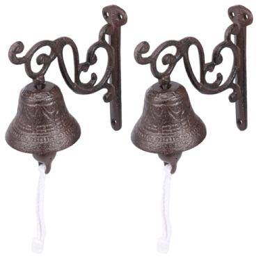 Imagem de 2 peças de sino de jantar de ferro fundido, sino de porta retrô montado na parede, sinos suspensos com som alto claro, campainha de agitação manual para porta, pátio, casa de fazenda, interior, jardim