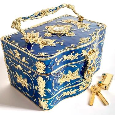 Imagem de Baú de joias rosa estilo pastoral caixa de metal bugiganga vintage bandeja de armazenamento de pedras preciosas lembrança de tesouro estojo de presente para meninas e mulheres (azul dourado, duplo