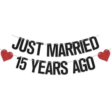 Imagem de Faixa Just Married 15 Years Ago, decoração de festa de aniversário de 15 anos, artigos de festa de 15 anos abençoados e amados preto vermelho