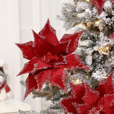 Imagem de Maysing 6 peças de poinsétias de Natal grandes, flor artificial, poinsétia de 29 cm, decoração de palitos de flores para árvore de Natal, vaso de guirlanda, decoração de mesa para casa, decoração de