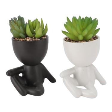 Imagem de Vasos de flores suculentas artificiais, fofos, inovadores, em formato humano, mini plantas falsas, decoração para casa, mesa, escritório, plástico, 2 peças (preto e branco)