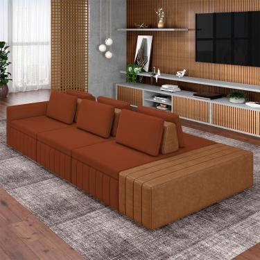 Imagem de Sofá Ilha com Encosto e Almofadas Móveis Olimpo 395cm Modulado Linho/PU Terracota/Caramelo G45 - Gran Belo