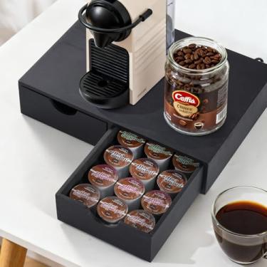 Imagem de QYJinlida Organizador de copos K de madeira, caixa de armazenamento de cápsulas de café, cápsulas de café e suporte de saquinhos de chá, suporte de gaveta Kcup para cafeteira, balcão de cozinha