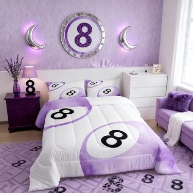 Imagem de Jogo de cama infantil Lucky com 8 bolas tamanho Queen, conjunto de edredom artístico feminino com estampa tie dye, estampa de aquarela, moderno, preppy, roxo, branco, 2 fronhas