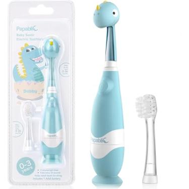 Imagem de Papablic Escova de dentes elétrica sônica infantil para crianças de 1 a 3 anos, escova de dentes elétrica para bebês com linda capa de dinossauro e temporizador de LED inteligente, 2 cabeças de escova