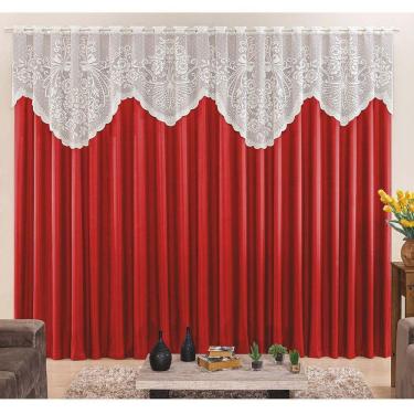 Imagem de Cortina Nicole 2,00M X 1,70M Vermelha Tecido Microfibra Com Renda Varão Simples