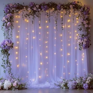 Imagem de EaziCozi Cortina de fundo de tule lavanda com cordão de luzes - pano de fundo transparente de 3 x 2,4 m com 250 LEDs para casamento, chá de bebê, chá de panela, fundo de sessão de fotos de festa de