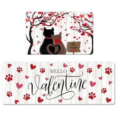 Imagem de APROPHIC Tapete de cozinha dos namorados, dia dos namorados, amor, coração, gato, conjunto de 2, tapetes e tapetes de madeira, estampa de pata de gatinho, cozinha, banheiro, decoração, tapete