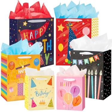 Imagem de Sacos de presente de aniversário de tamanhos variados com alças de fita e papel de seda (6 sacos: 2 extragrandes de 38 cm, 2 grandes de 33 cm, 2 médios de 23 cm) para crianças, meninos, meninas