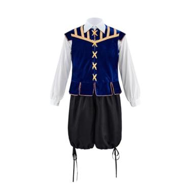 Imagem de Diajosa cos Fantasia masculina Tudor Renaissance Tudor colete duplo camisa calça medieval Ren Faire roupa de fantasia viking (azul, P)