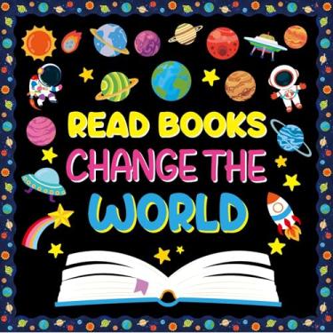 Imagem de Conjunto de quadro de avisos do espaço sideral, leia livros, mude o mundo, decoração de sala de aula, motivacional, astronauta, foguete, nave espacial, planeta, recorte de papel para decoração de