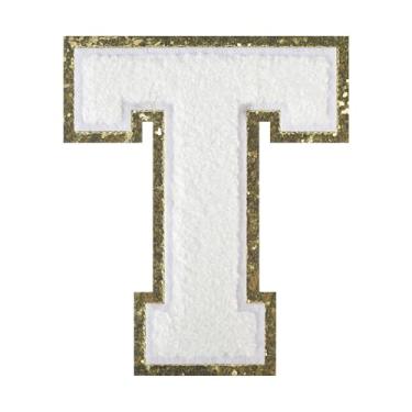 Imagem de 1 PÇ Patch de letra de chenille de ferro branco de 11,4 cm com borda dourada – Remendos do alfabeto para roupas, jaquetas, mochilas, chapéus para decoração personalizada, nome personalizado e