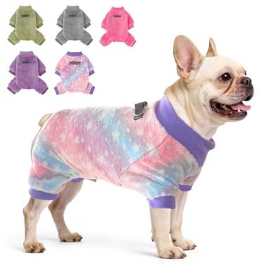 Imagem de PAWCHIE Pijama de veludo felpudo para cães, tecido de inverno para cães pequenos, gatos, meninos e meninas, macacão para animais de estimação, roupas para cães, rosa e roxo