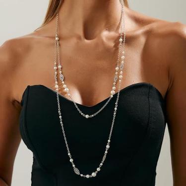Imagem de Colares longos para mulheres, colar de pérolas boho em camadas, contas delicadas, pérolas longas, presentes de amizade, presentes de Natal para mulheres, Dia dos Namorados, Medium, Latão, Sem Pedra