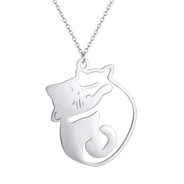 Imagem de JczR.Y Colar de dois abraços, ouro, prata, aço inoxidável, abraçando, pingente, colar, para mulheres, desenhos animados, gatinhos, gatos, para amantes, joias minimalistas, presentes 40 + 4 cm, Aço