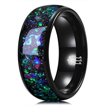 Imagem de Three Keys Jewelry Anéis de tungstênio preto 8 mm coleção galáxia para homens com opala azul verde incrustada alianças de casamento