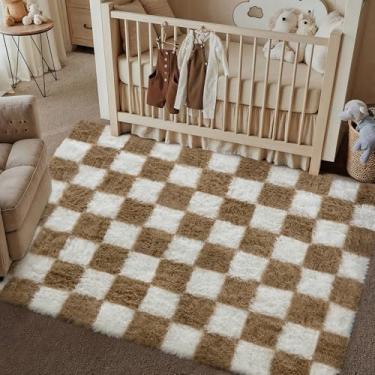 Imagem de PureCozy Tapete quadriculado 7 x 12 cm para sala de estar, bege e branco, moderno, supermacio, lavável, tapete felpudo antiderrapante para quarto, casa, decoração estética