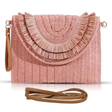 Imagem de QTKJ Bolsas transversais para mulheres, bolsas clutch de palha, pacote de envelope de tecido boêmio, bolsas de mão femininas com borla, Cor de feijão