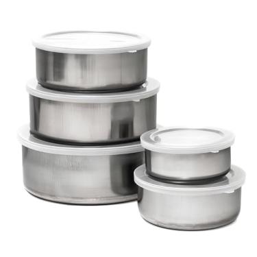 Imagem de Kit conjunto 5 Potes de Aço Inox com Tampa – Para Cozinha Moderna, Armazenar Alimentos e Marmitas. Ideal para Cozinha Organizada e Refeições Diárias
