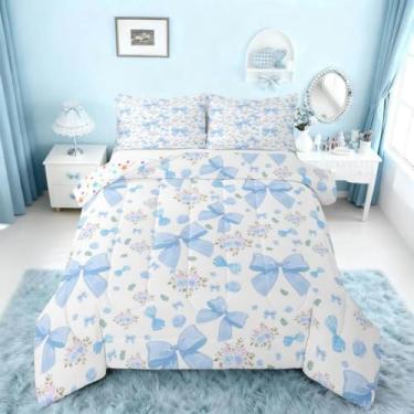 Imagem de Feelyou Conjunto de edredom com laço azul, para todas as estações, com 2 fronhas, microfibra kawaii, roupa de cama casal, com laço fofo, estilo princesa sonhadora, edredom macio e leve