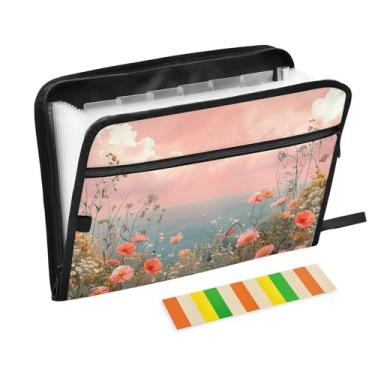 Imagem de Wassud Pasta organizadora de arquivos sanfonada à beira-mar e flores, pasta de arquivos, papel A4, pasta organizadora de documentos, com etiquetas, pasta de arquivos expansível, 13 bolsos