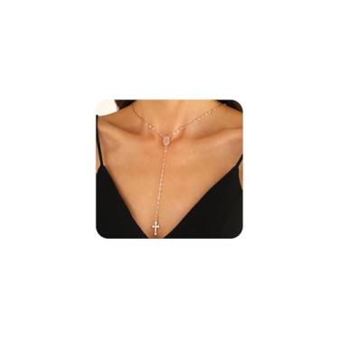 Imagem de Colar feminino delicado com contas de cruz de Virgem Maria e ouro vintage, rosário branco, pingente de pérola, joia de pescoço, Large, Liga de aço, Sem Pedra Preciosa