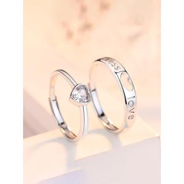 Imagem de Conjunto de anéis de prata para casais, coração, cristal, Bless Love, anéis de compromisso ajustáveis para casais, presente romântico de Dia dos Namorados