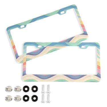 Imagem de CEBUGI Pacote com 2 molduras para placas de carro de alumínio com 2 furos coloridos ondulados acessórios automotivos para placas dianteiras e traseiras orifício elíptico