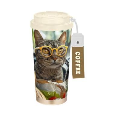 Imagem de YETTASBIN Caneca de café com isolamento térmico Funny Cat de 500 ml com tampa canudo, copo à prova de derramamento e vazamento com alça para bebida quente e fria, garrafa de água de aço inoxidável