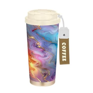 Imagem de YETTASBIN Caneca de café de mármore com isolamento térmico de 482 g com tampa canudo, copo à prova de derramamento e vazamento com alça para bebida quente e fria, garrafa de água de aço inoxidável