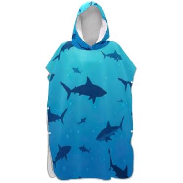 Imagem de Joisal Poncho de surf azul de tubarões de desenho animado para trocador de roupa de adulto plus size ponchos de praia para homens com capuz impressão toalha de praia