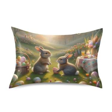 Imagem de Fronhas com estampa colorida de coelhinho da páscoa coelho rei rainha fronha padrão cetim refrescante para cama de casa sofá impressão artística tamanho king size 101,6 cm x 50,8 cm