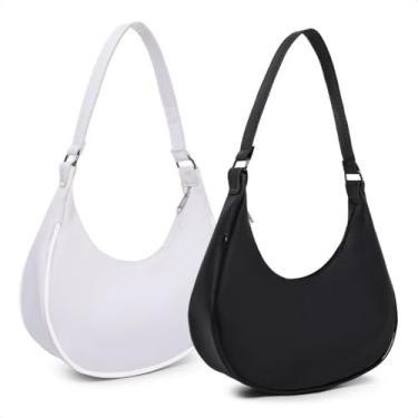 Imagem de Kit 2 Bolsas Meia Lua Feminina, Pequena, Material Sintético Macio, 20x24x4 cm, Casual Elegante, Alça de Ombro, Leve e Versátil (Branco/Preto)
