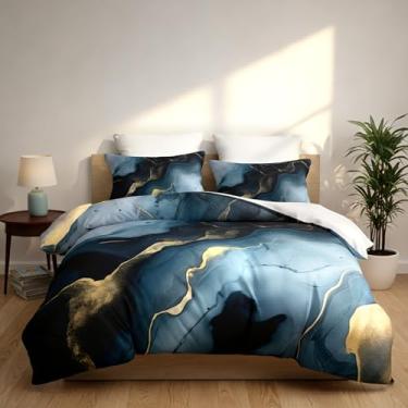 Imagem de CCoutueChen Conjunto de edredom de mármore, tamanho Queen, preto e azul, decoração de quarto abstrata aconchegante para adultos/mulheres