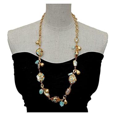 Imagem de Colares femininos biwa branco cultivado natural pérola azul larimar corrente banhada a ouro colar longo 76 cm acessórios de moda