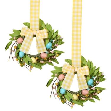 Imagem de 2 grinaldas de Páscoa pequenas de 23 cm para armário de cozinha, mini guirlanda artificial de ovo de Páscoa com laço de fita, folhas de vegetação para janela, porta da frente, mesa, decoração de casa