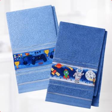 Imagem de KIT 2 Toalhas de Banho Infantil Felpuda Para Criança Com Faixa Decorada (Menino - Azul Game e Azul Astronauta)