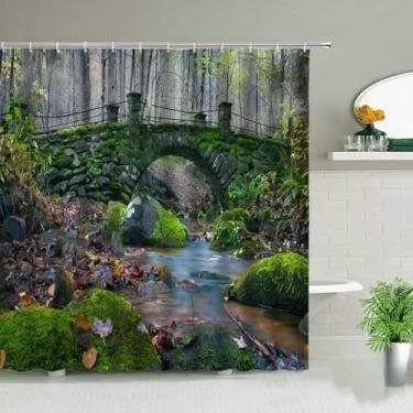 Imagem de Cortinas de chuveiro de paisagem natural floresta pedra ponte riacho árvores cachoeira paisagem cortina de banheiro gancho de tecido impermeável 100 x 200 cm/LxA cortinas de chuveiro