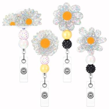Imagem de Giegxin 4 carretéis de crachá de primavera, retráteis, de acrílico, margaridas, flores, porta-crachás de identificação de enfermeira, com clipe de metal jacaré, contas de glitter para enfermeira