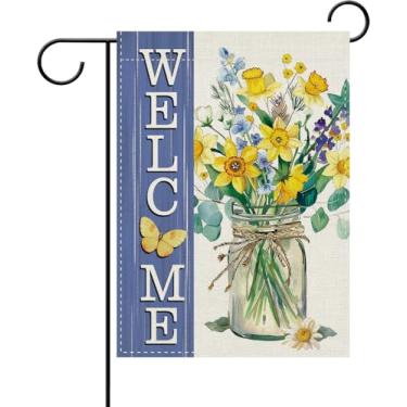 Imagem de Dyrenson Bandeira decorativa de jardim de flor de narciso de primavera, frasco de pedreiro de borboleta floral, jardim botânico, decoração de casa, serapilheira de casa de fazenda de verão ao ar livre
