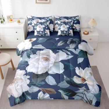 Imagem de Feelyou Conjunto de edredom de luxo com 7 peças, Queen, floral, azul, design elegante, para crianças, meninos, meninas, decoração de quarto, microfibra leve e macia