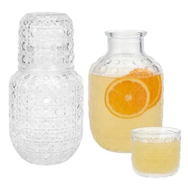 Imagem de 2 conjuntos de jarra de cabeceira vintage de vidro transparente com copo – conjunto de garrafa de água de 4 peças, mesa de cabeceira, garrafa de enxaguante bucal e dispensador de bebida da meia-noite