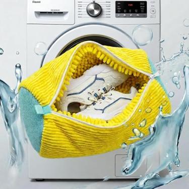 Imagem de Bolsa para máquina de lavar sapatos, bolsa reutilizável para lavadora e secadora, limpeza profunda de 360° com zíper invisível protetor, serve para todos os tênis tênis (38 x 19 cm, amarelo)