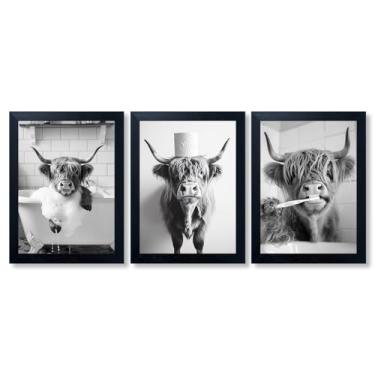 Imagem de Decoração de banheiro emoldurada preta arte de parede de vaca Highland 3 peças animal engraçado no vaso sanitário imagem linda pintura em tela decoração de banheiro