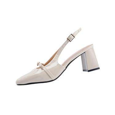 Imagem de Sandálias femininas de bico quadrado, salto grosso, bico fechado, sapatos casuais com salto bloco para uso versátil, Bege, 38